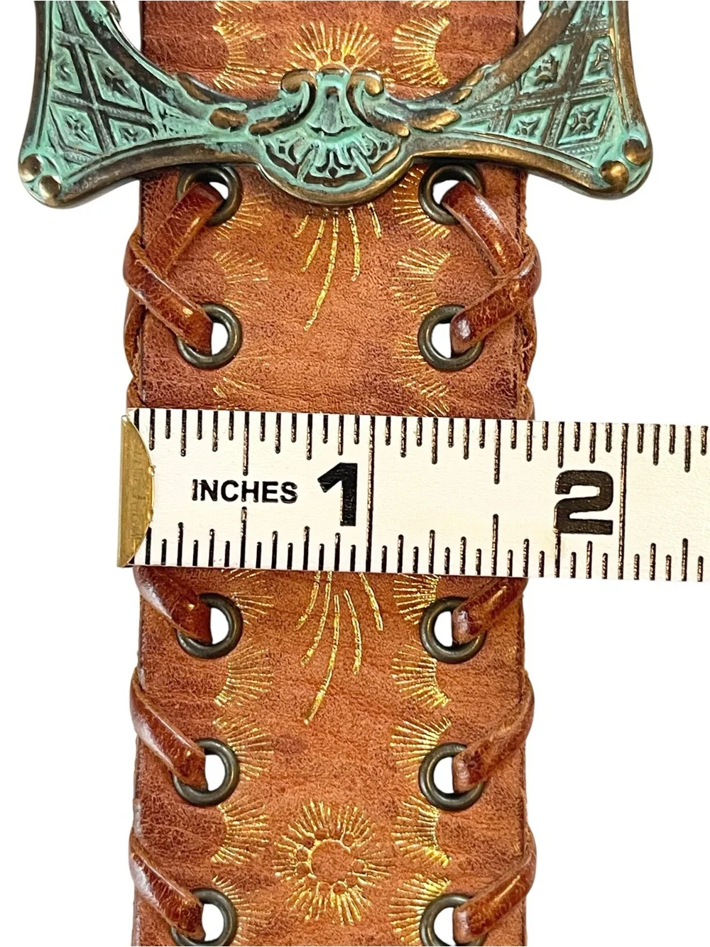 Streets Ahead Cognac Leather Belt Square Patina Buckle Boho Vintage 90s Size M/L